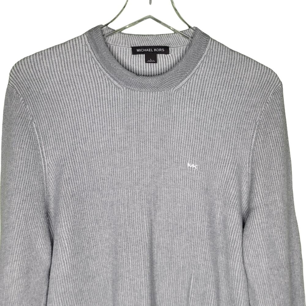 Michael Kors Gray Ribbed Sweater Crew‎ Neck Pullover Logo Minimalist Neutral L